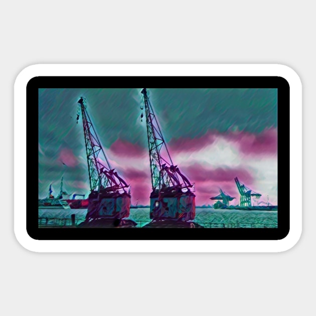 Hamburg harbor port romance with two old cranes Sticker by NoPlanB